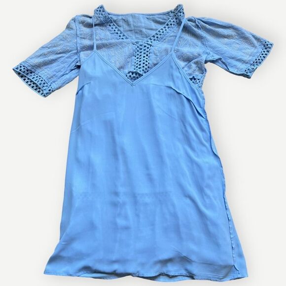 Knox Rose Short Sleeve Blue Embroidered V-Neck A-Line Lined Mini Dress. Small. - Picture 3 of 7
